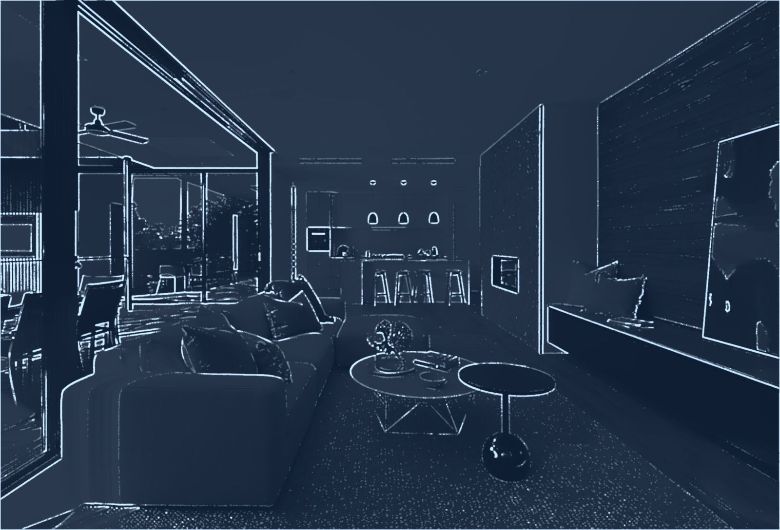 Illustration of a LiDAR scan converted to a 3D Revit model of the same living space